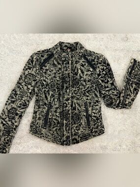 Free People Velvet Floral Moto Jacket in Olive Green and Black